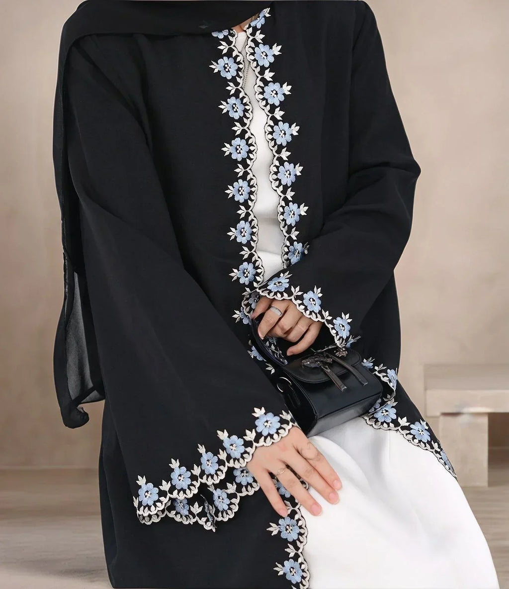 LM081 Cardigan Abaya Brodé | Robe Modeste Été Aïd 2025 avec Hijab