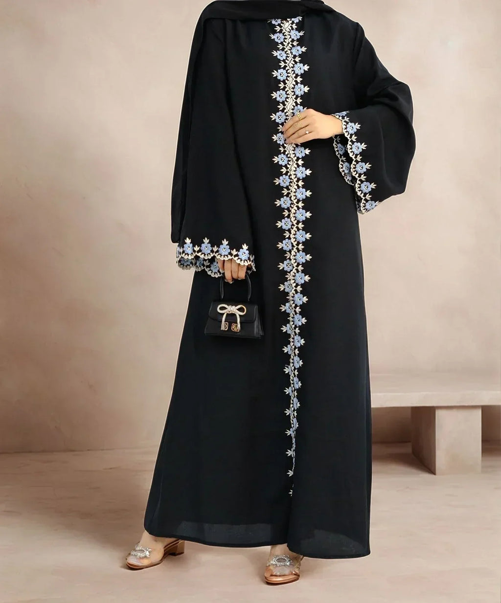 LM081 Cardigan Abaya Brodé | Robe Modeste Été Aïd 2025 avec Hijab