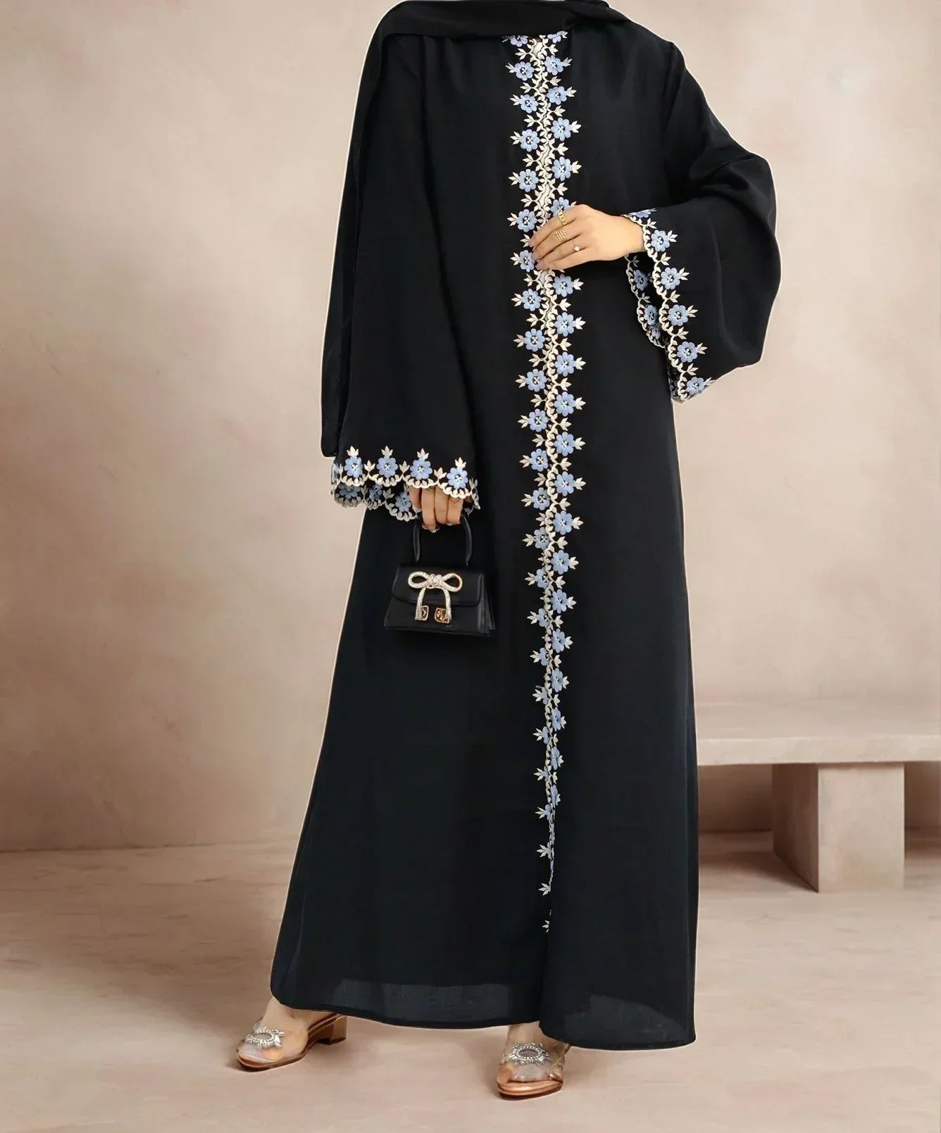 LM081 Cardigan Abaya Brodé | Robe Modeste Été Aïd 2025 avec Hijab