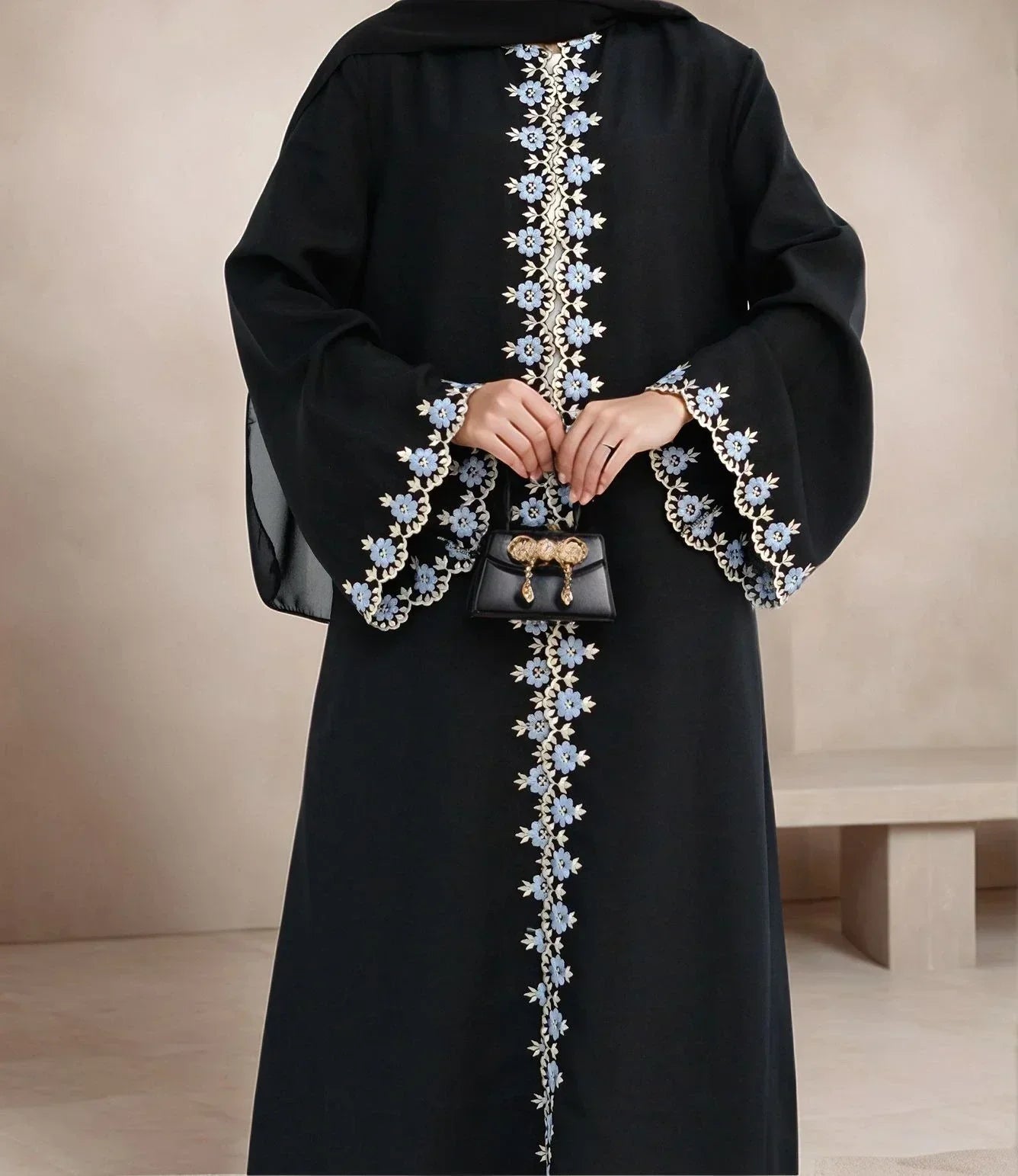 LM081 Cardigan Abaya Brodé | Robe Modeste Été Aïd 2025 avec Hijab