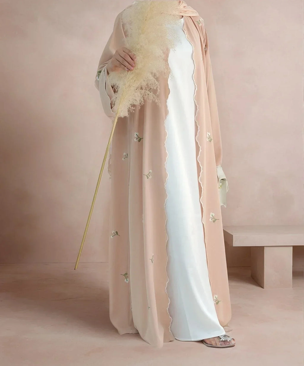 LM082 Cardigan Abaya Nidha Brodé Floral – Style Ouvert Élégant pour Occasions Modestes