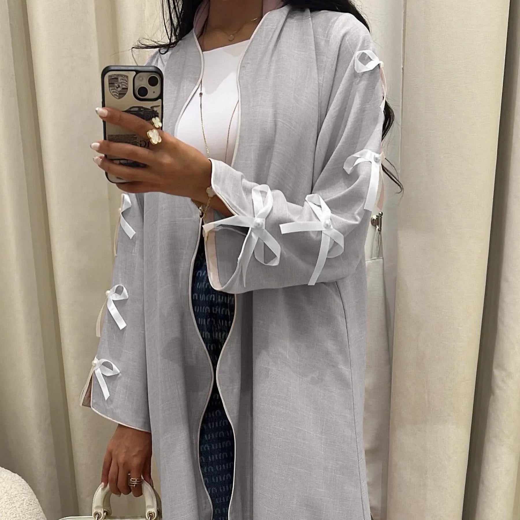 LM083 Abaya Lin à Nœud – Cardigan Ouvert Élégant avec Détails Crochet & Ruban