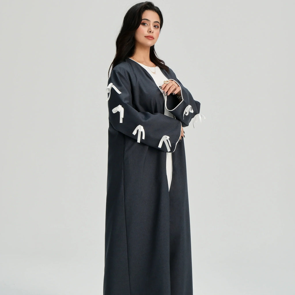 LM083 Abaya Lin à Nœud – Cardigan Ouvert Élégant avec Détails Crochet & Ruban
