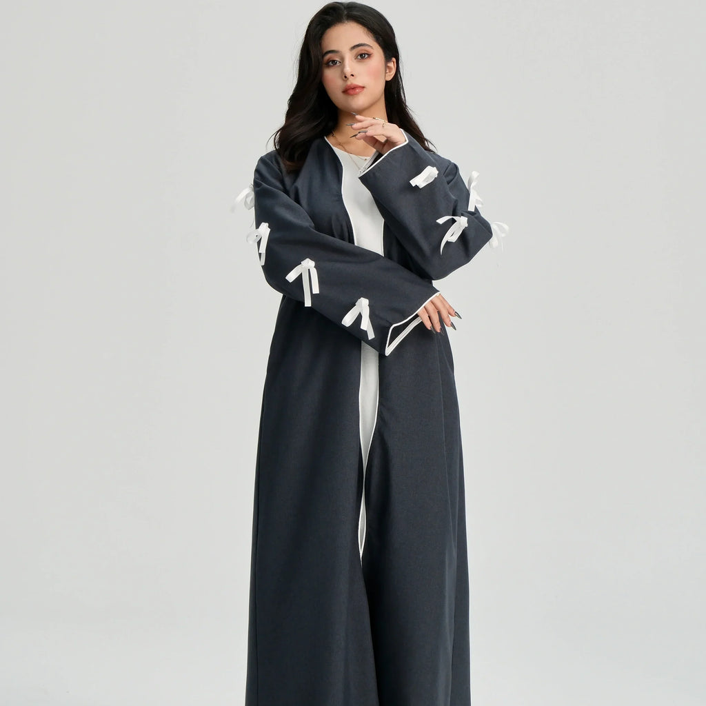 LM083 Abaya Lin à Nœud – Cardigan Ouvert Élégant avec Détails Crochet & Ruban
