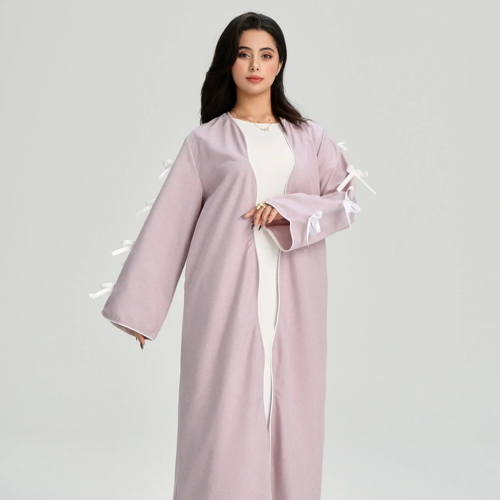LM083 Abaya Lin à Nœud – Cardigan Ouvert Élégant avec Détails Crochet & Ruban