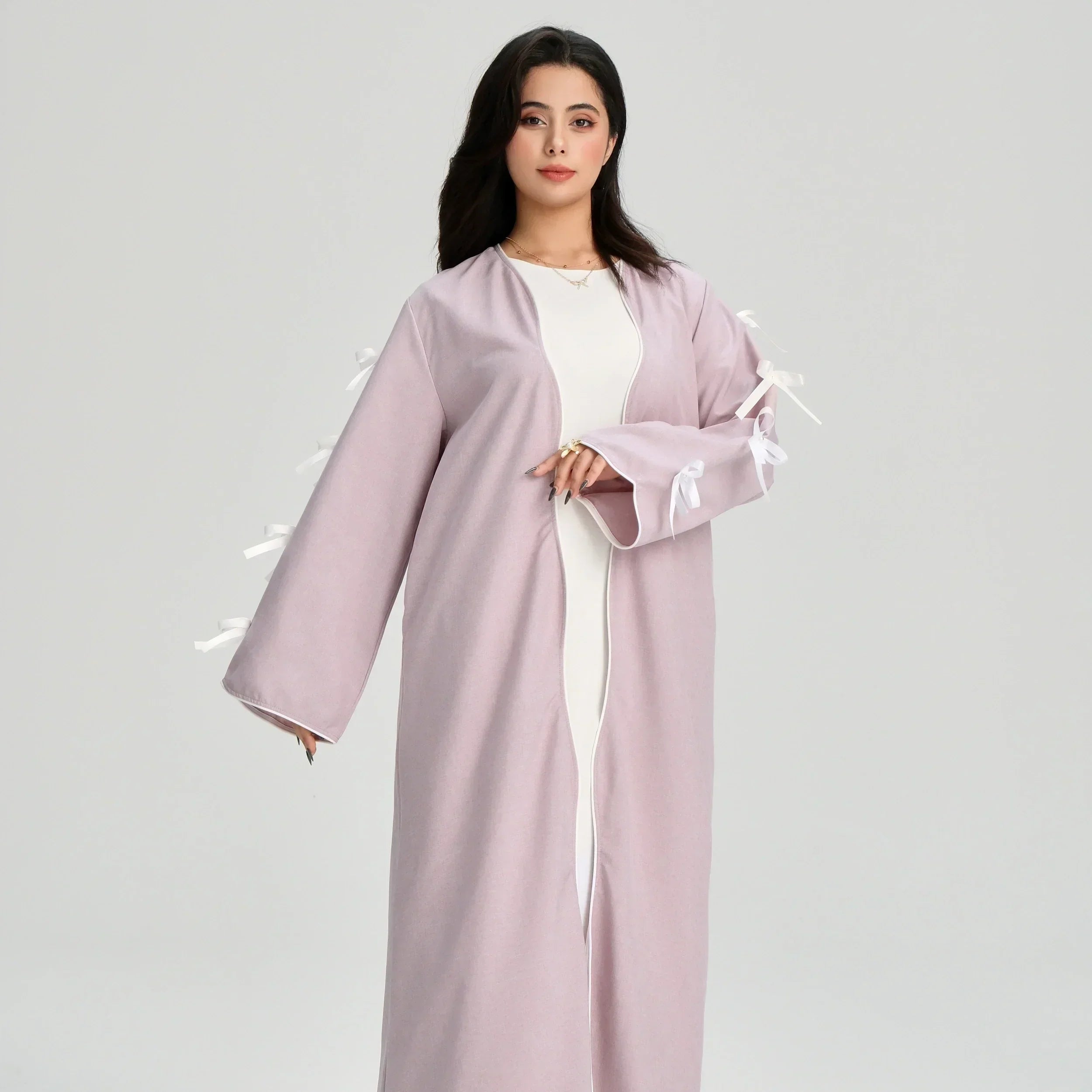 LM083 Abaya Lin à Nœud – Cardigan Ouvert Élégant avec Détails Crochet & Ruban
