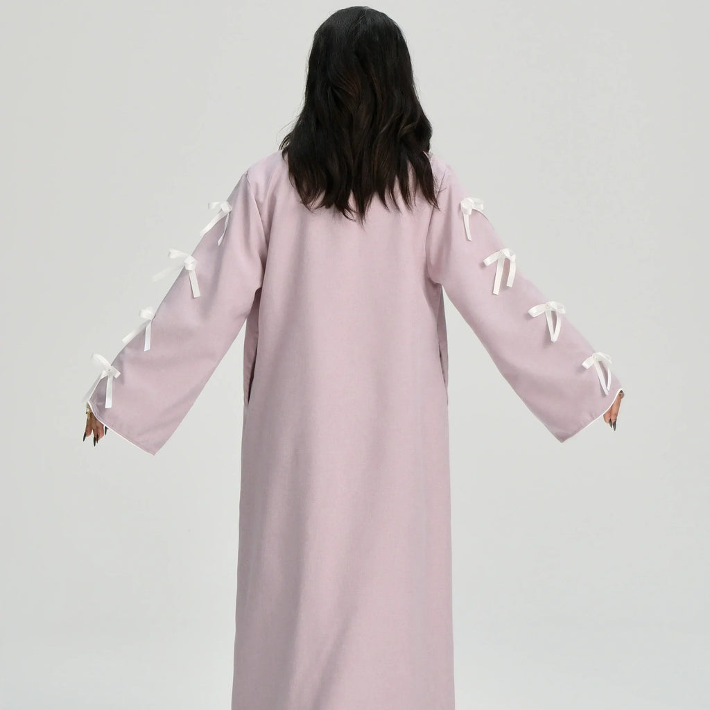 LM083 Abaya Lin à Nœud – Cardigan Ouvert Élégant avec Détails Crochet & Ruban
