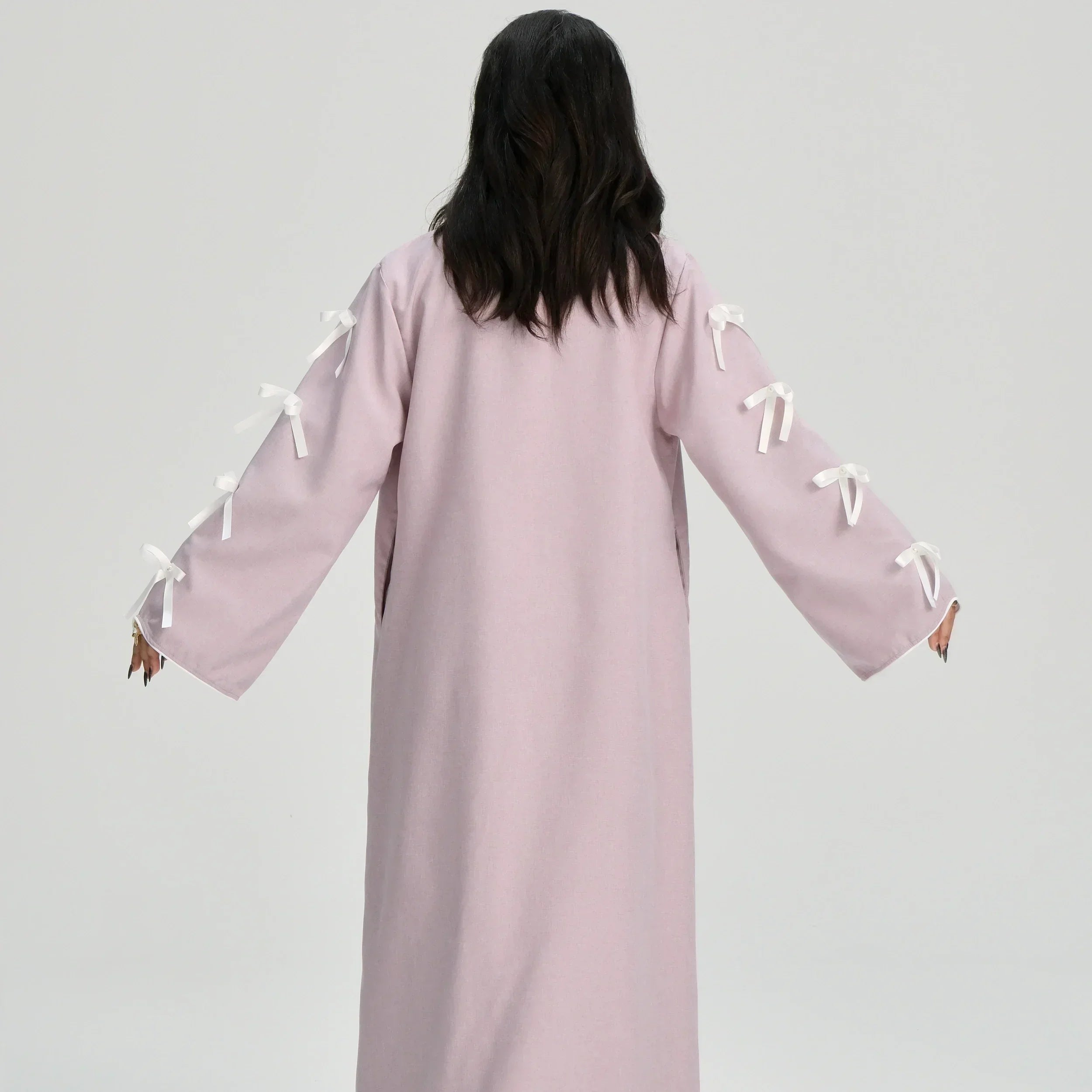 LM083 Abaya Lin à Nœud – Cardigan Ouvert Élégant avec Détails Crochet & Ruban
