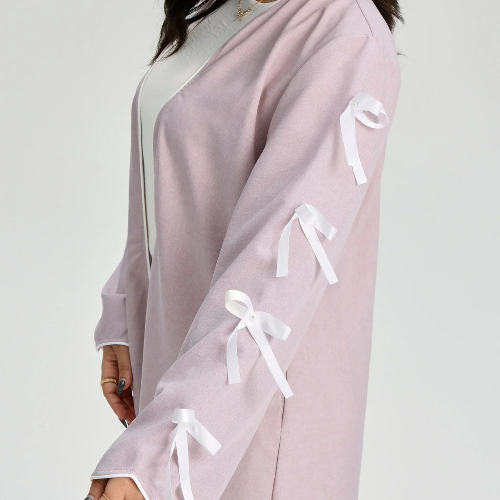 LM083 Abaya Lin à Nœud – Cardigan Ouvert Élégant avec Détails Crochet & Ruban