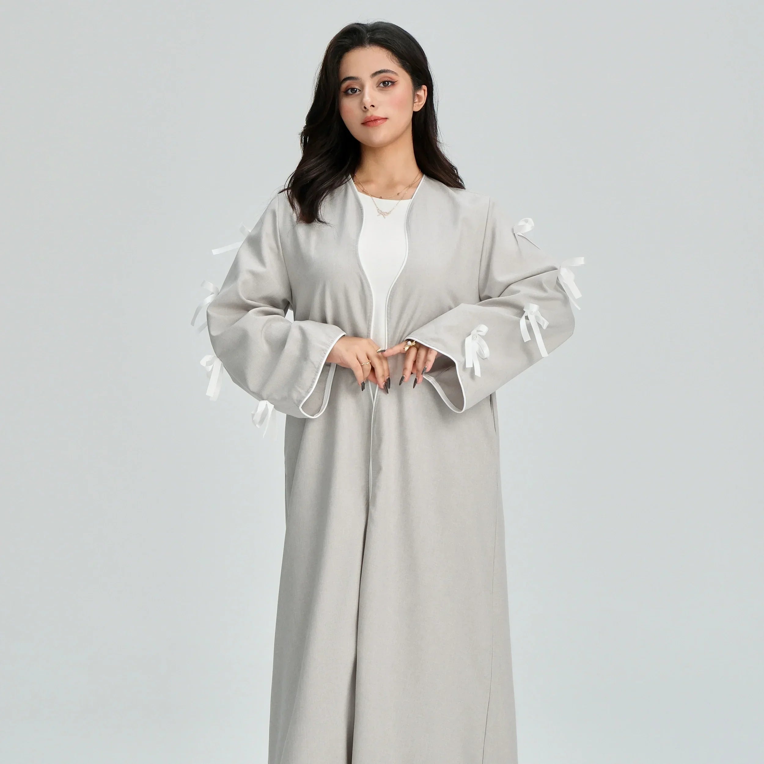 LM083 Abaya Lin à Nœud – Cardigan Ouvert Élégant avec Détails Crochet & Ruban