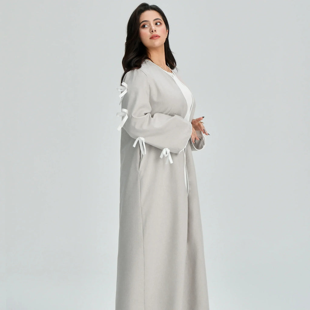LM083 Abaya Lin à Nœud – Cardigan Ouvert Élégant avec Détails Crochet & Ruban