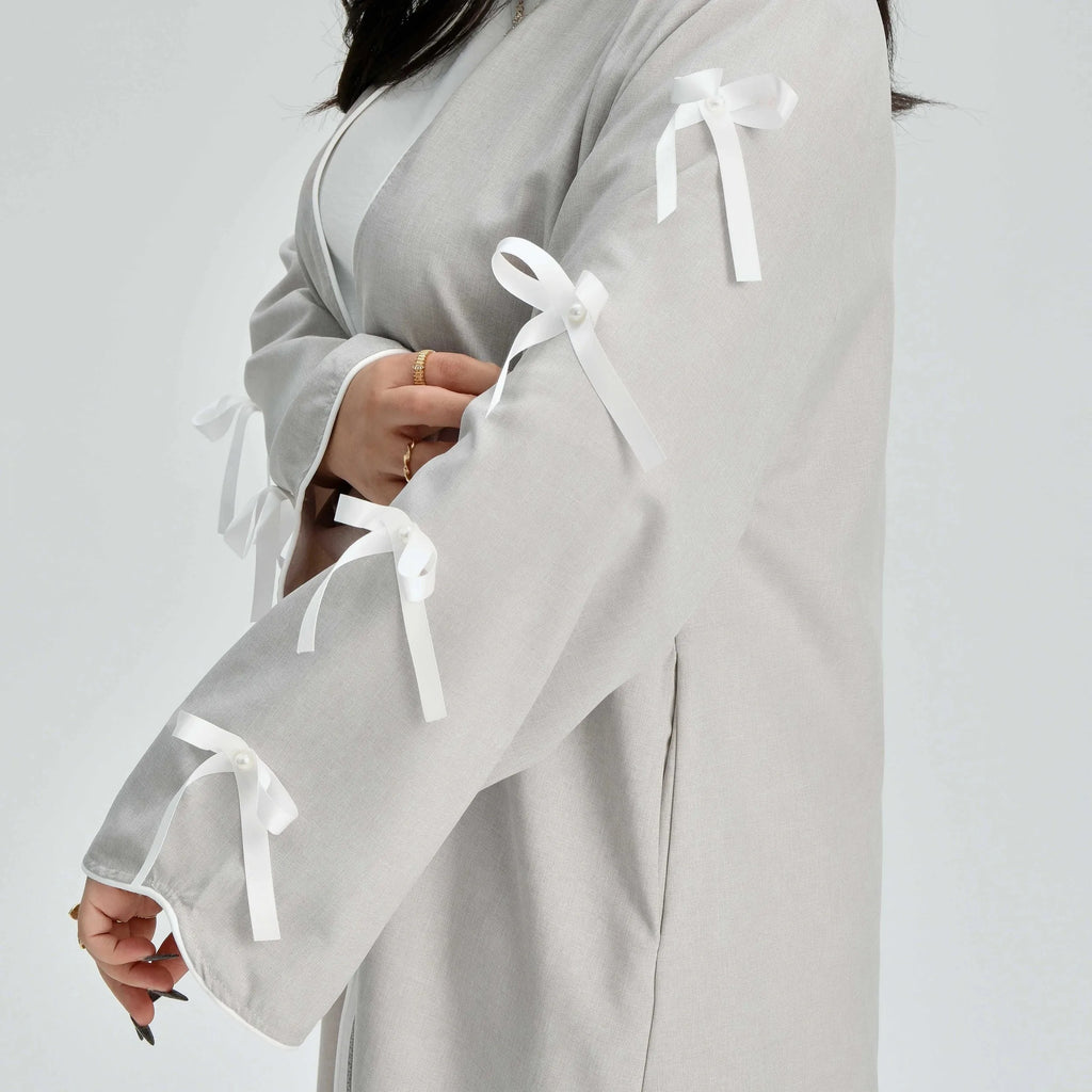 LM083 Abaya Lin à Nœud – Cardigan Ouvert Élégant avec Détails Crochet & Ruban