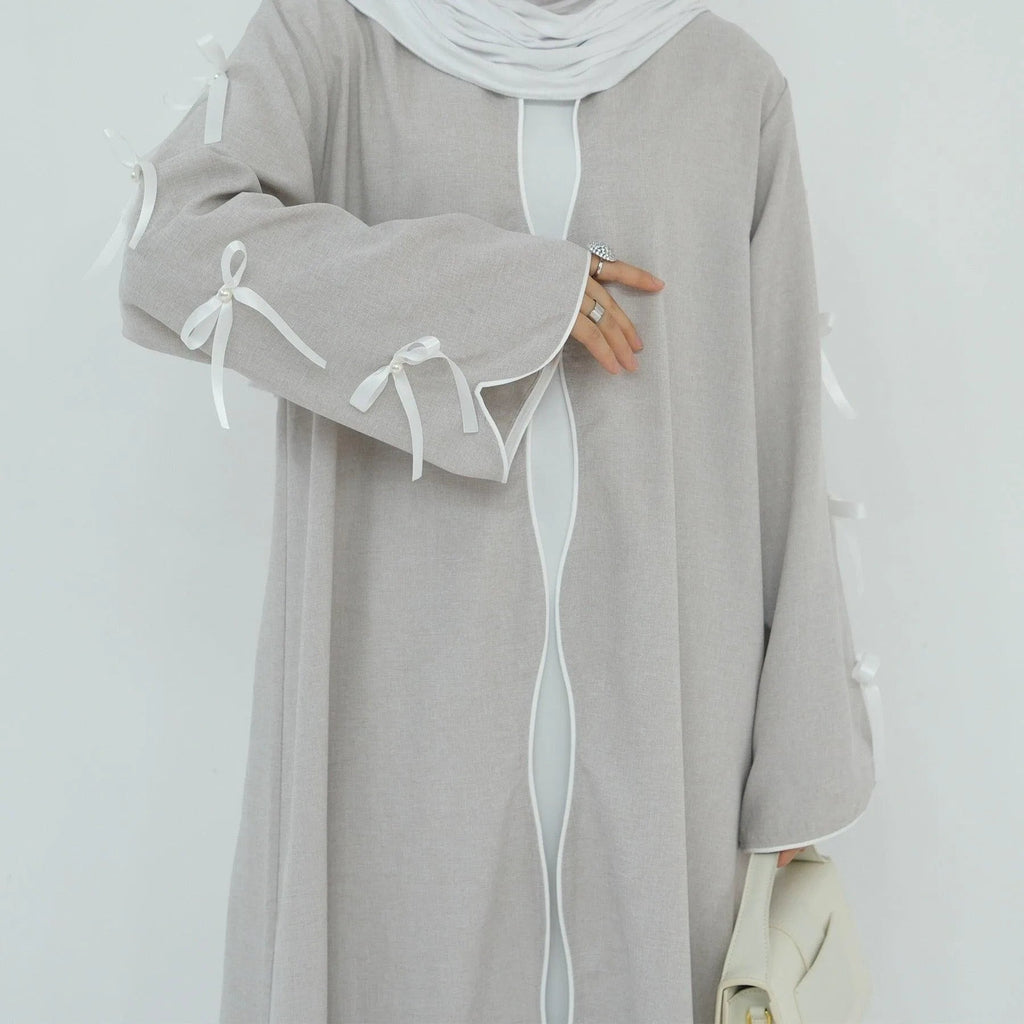 LM083 Abaya Lin à Nœud – Cardigan Ouvert Élégant avec Détails Crochet & Ruban