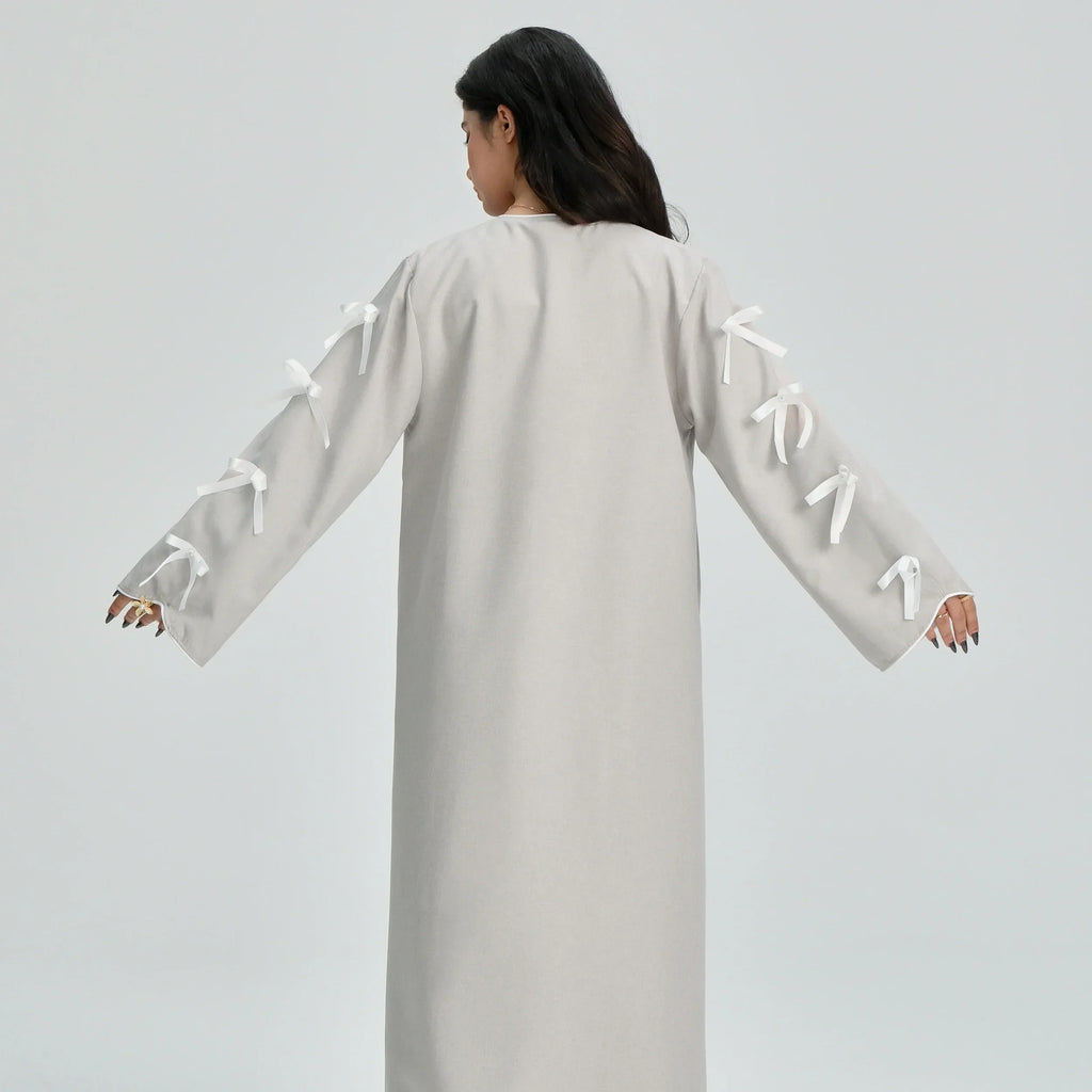 LM083 Abaya Lin à Nœud – Cardigan Ouvert Élégant avec Détails Crochet & Ruban