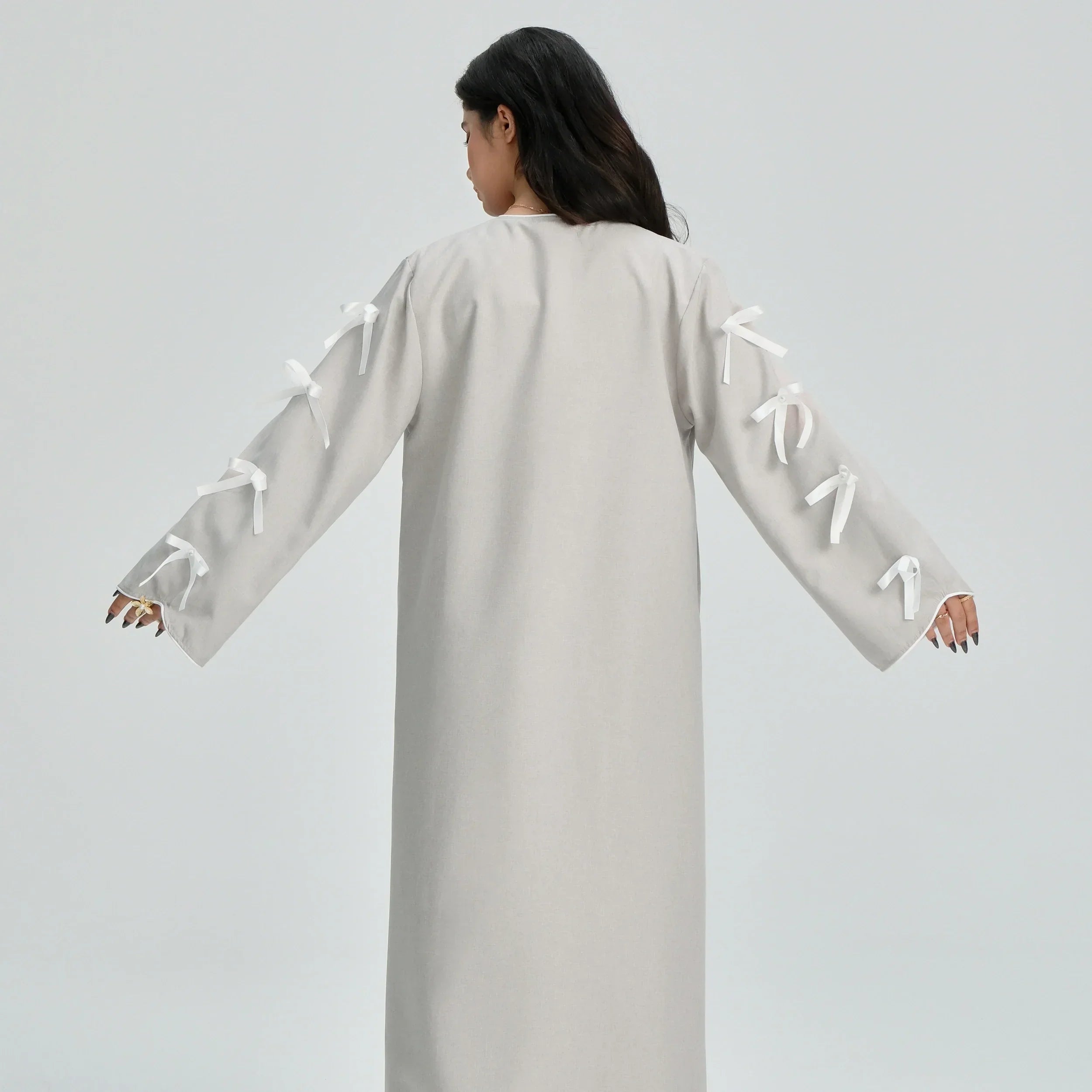LM083 Abaya Lin à Nœud – Cardigan Ouvert Élégant avec Détails Crochet & Ruban