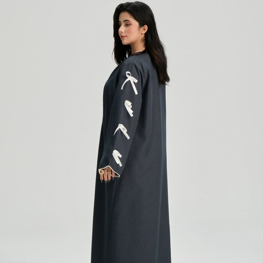 LM083 Abaya Lin à Nœud – Cardigan Ouvert Élégant avec Détails Crochet & Ruban