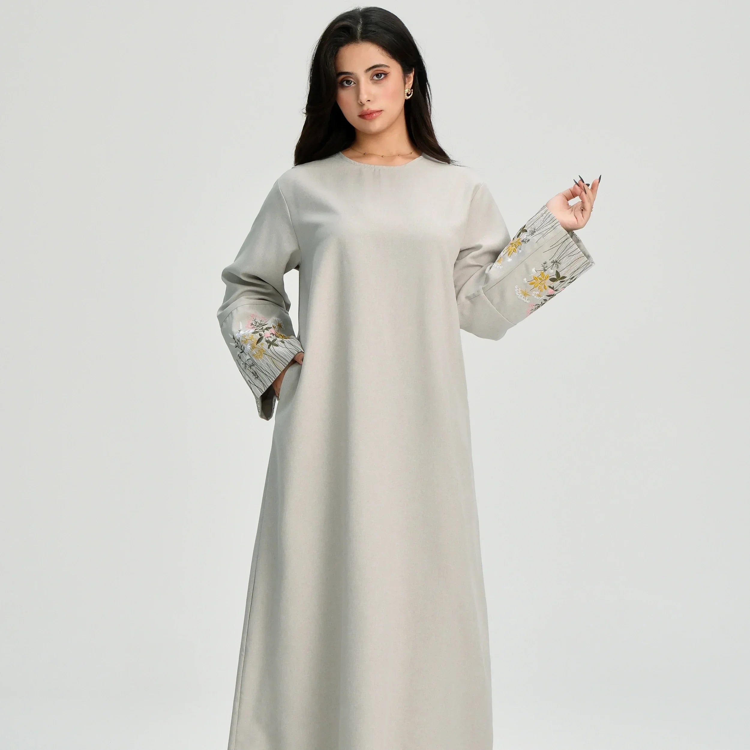 LM086 Robe de Prière Ramadan Broderie Florale avec Ceinture & Poches | Robe Islamique Modeste pour Quotidien & Aïd