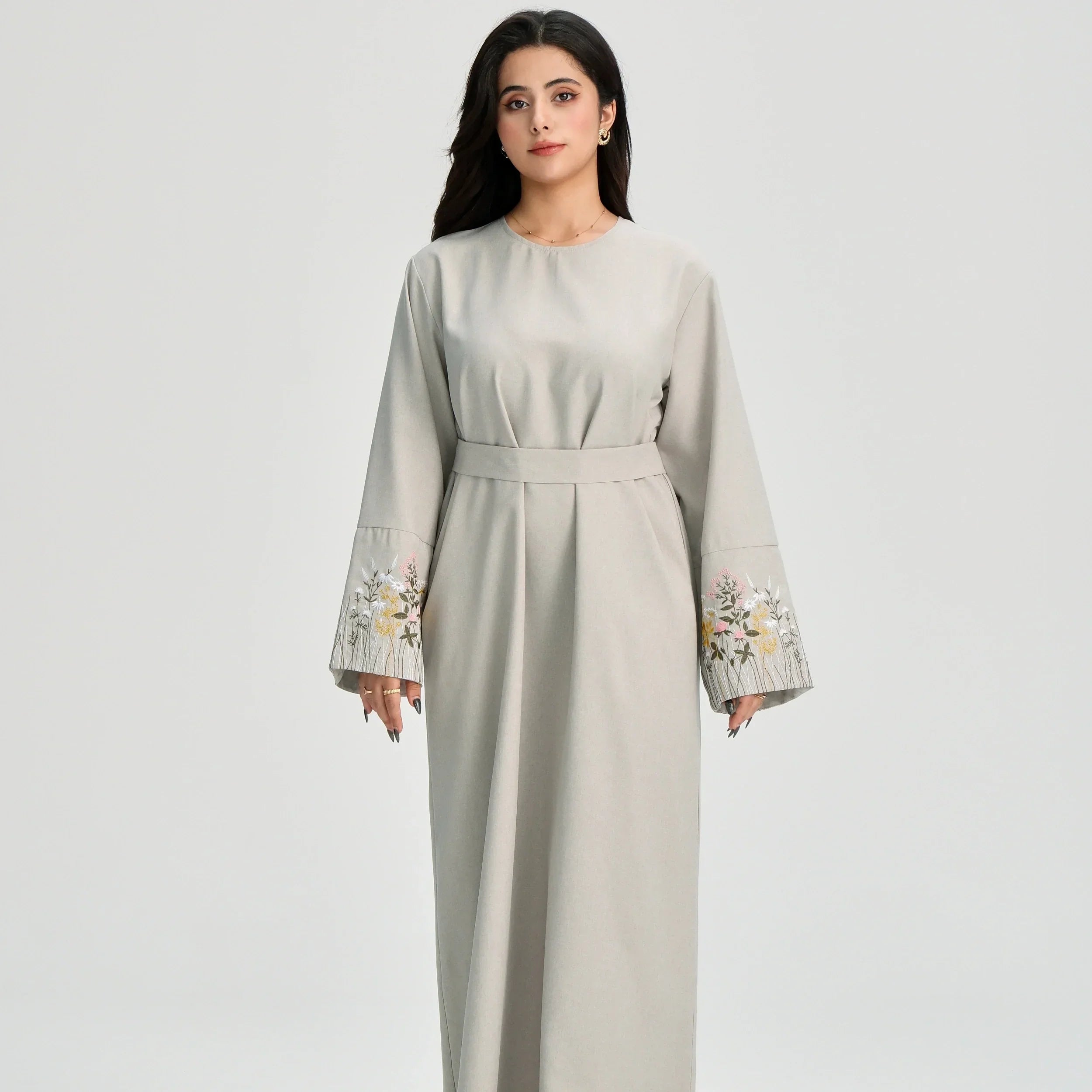 LM086 Robe de Prière Ramadan Broderie Florale avec Ceinture & Poches | Robe Islamique Modeste pour Quotidien & Aïd