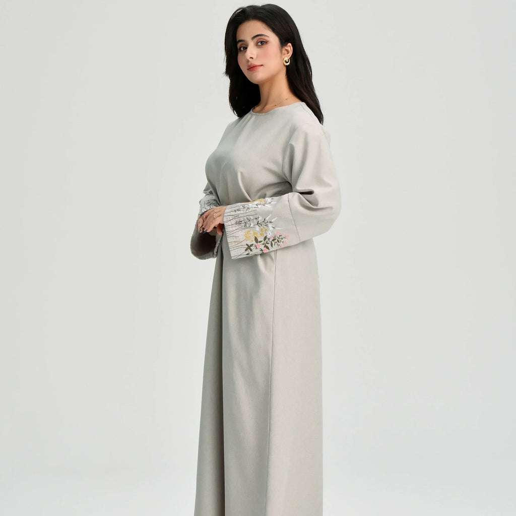 LM086 Robe de Prière Ramadan Broderie Florale avec Ceinture & Poches | Robe Islamique Modeste pour Quotidien & Aïd