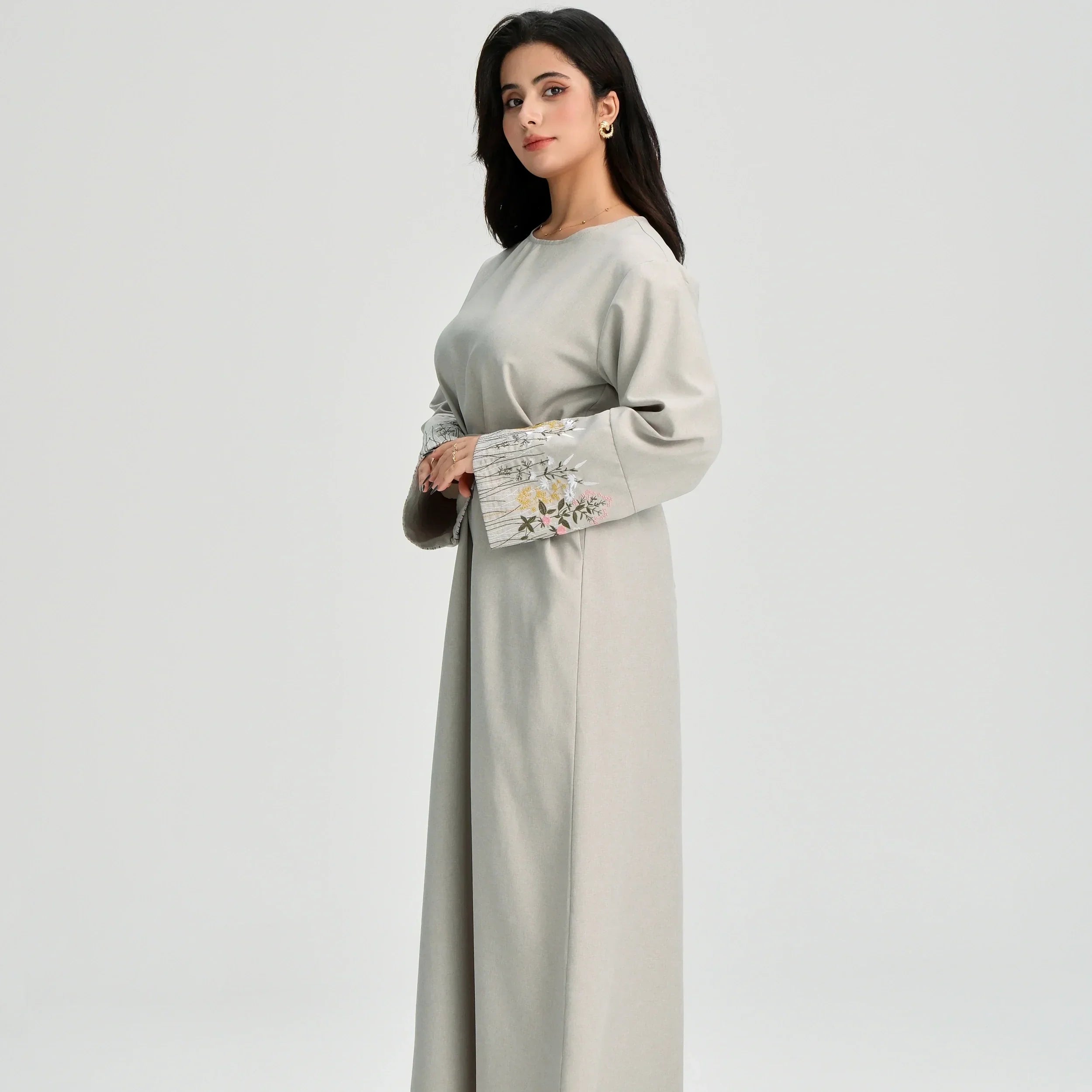 LM086 Robe de Prière Ramadan Broderie Florale avec Ceinture & Poches | Robe Islamique Modeste pour Quotidien & Aïd