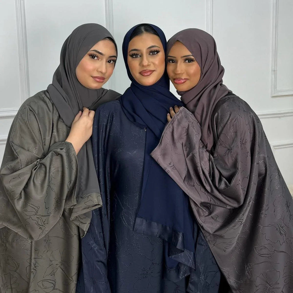 LM090 Abaya Papillon Jacquard avec Hijab | Design Floral Luxueux Manches Chauve-Souris