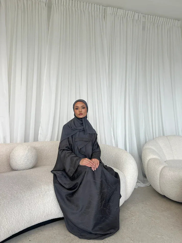 LM090 Abaya Papillon Jacquard avec Hijab | Design Floral Luxueux Manches Chauve-Souris
