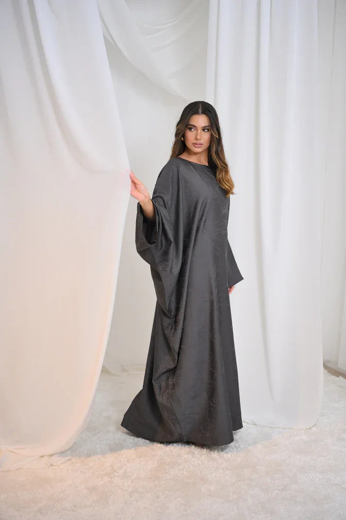 LM090 Abaya Papillon Jacquard avec Hijab | Design Floral Luxueux Manches Chauve-Souris