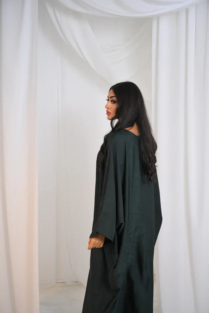 LM090 Abaya Papillon Jacquard avec Hijab | Design Floral Luxueux Manches Chauve-Souris