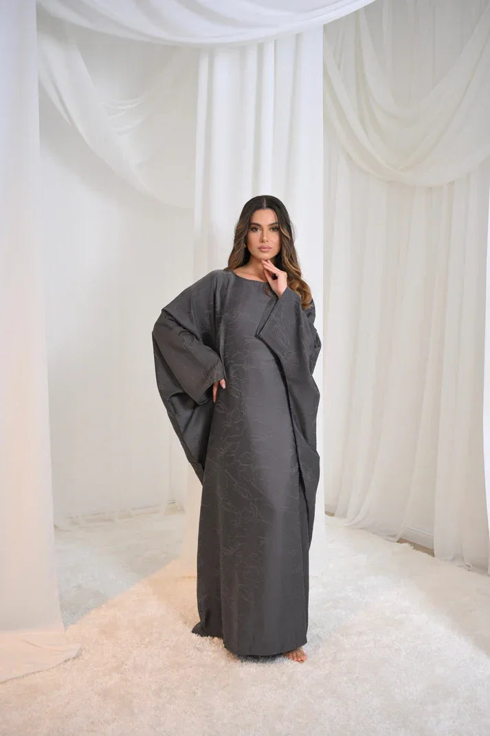 LM090 Abaya Papillon Jacquard avec Hijab | Design Floral Luxueux Manches Chauve-Souris