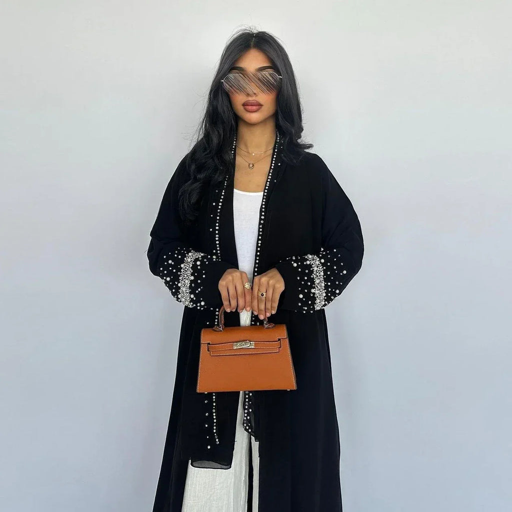 LM093 Abaya Ouverte Strass avec Hijab | Ensemble Cardigan Modeste 2 Pièces Perles Diamant