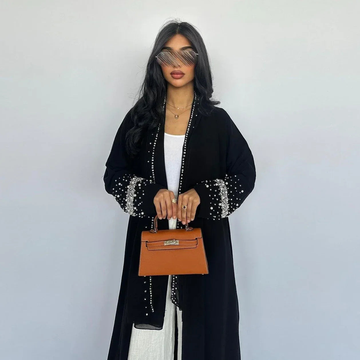 LM093 Abaya Ouverte Strass avec Hijab | Ensemble Cardigan Modeste 2 Pièces Perles Diamant