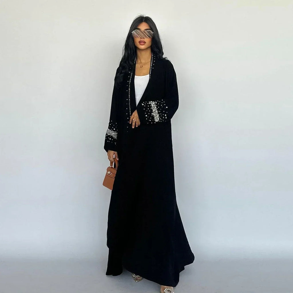 LM093 Abaya Ouverte Strass avec Hijab | Ensemble Cardigan Modeste 2 Pièces Perles Diamant
