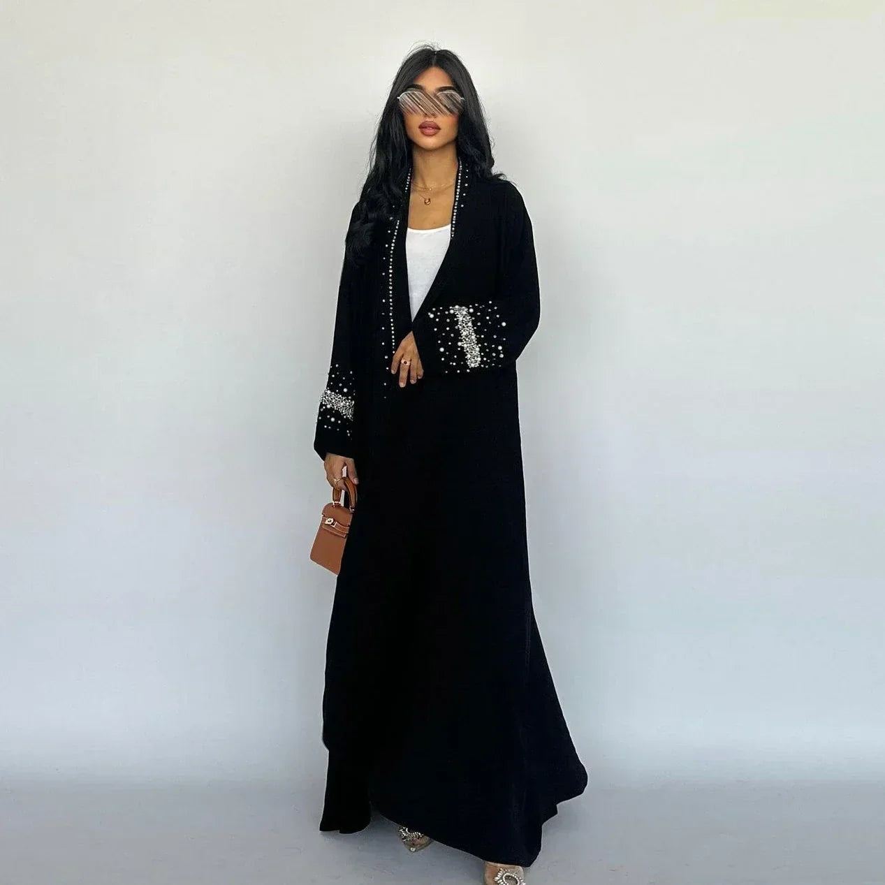 LM093 Abaya Ouverte Strass avec Hijab | Ensemble Cardigan Modeste 2 Pièces Perles Diamant