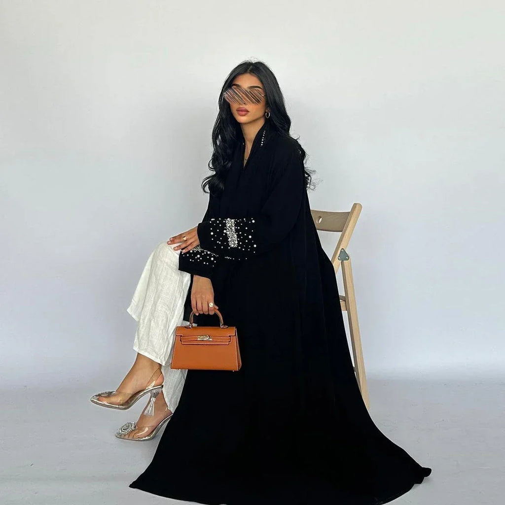 LM093 Abaya Ouverte Strass avec Hijab | Ensemble Cardigan Modeste 2 Pièces Perles Diamant