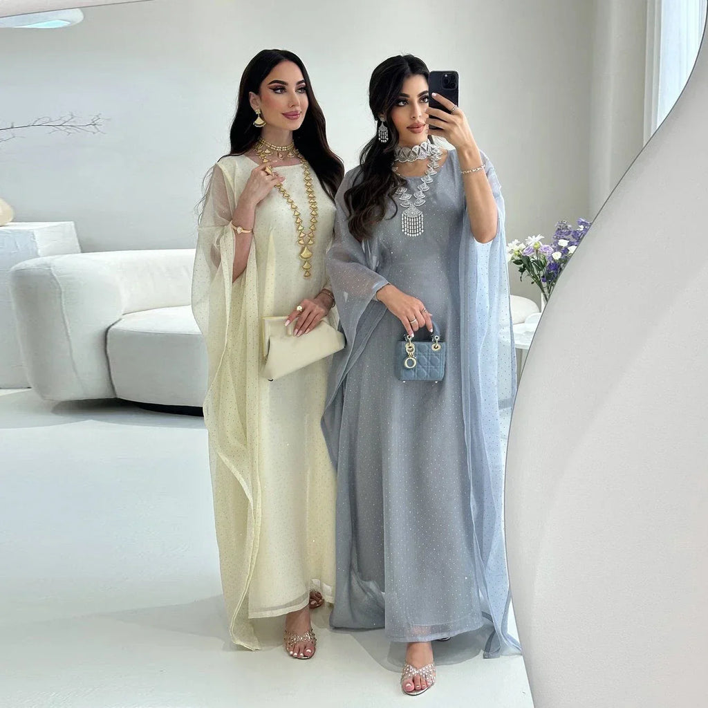 LM096 Ensemble Abaya Papillon Strass Aïd avec Fond de Robe | Kaftan Manches Chauve-Souris Ramadan & Iftar