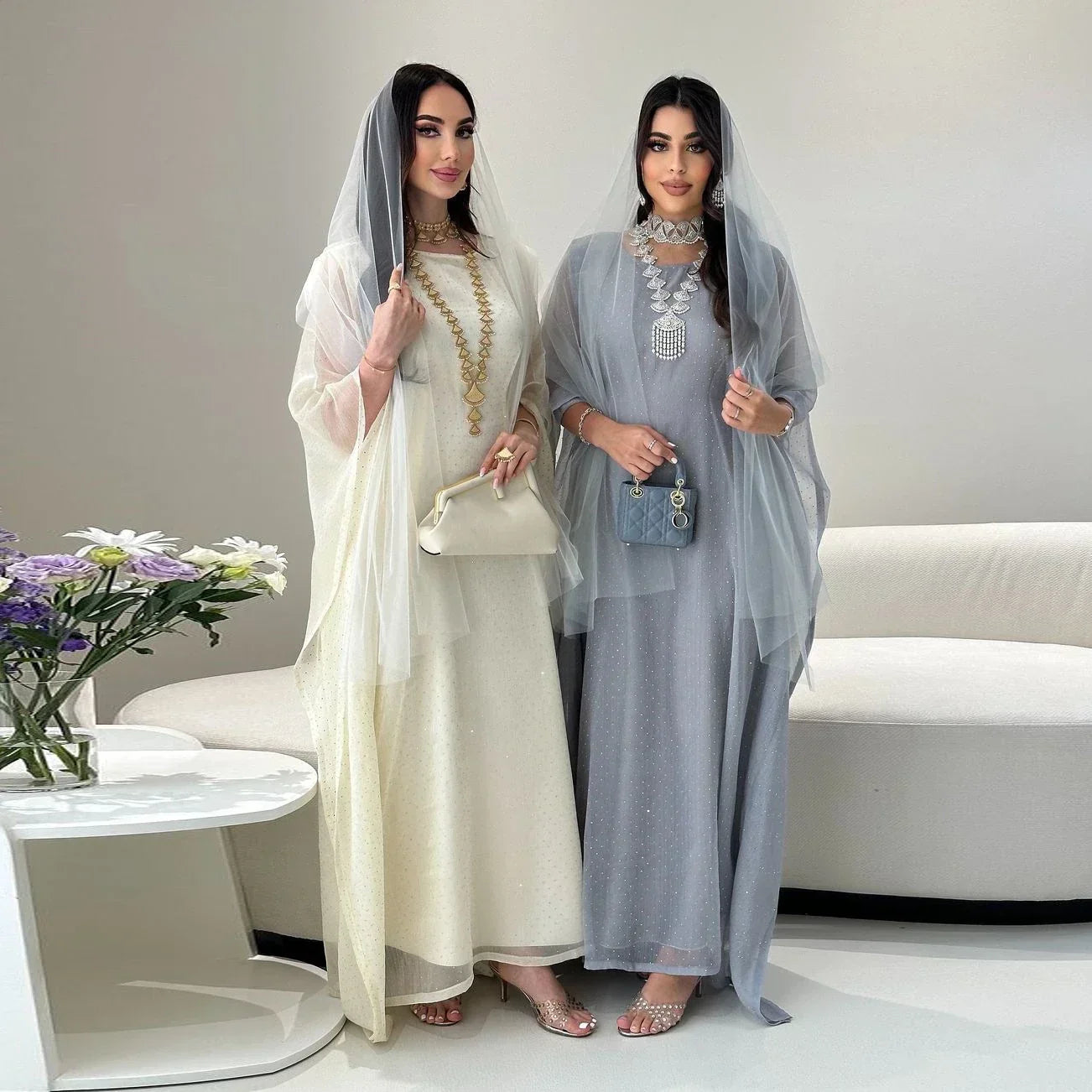 LM096 Ensemble Abaya Papillon Strass Aïd avec Fond de Robe | Kaftan Manches Chauve-Souris Ramadan & Iftar