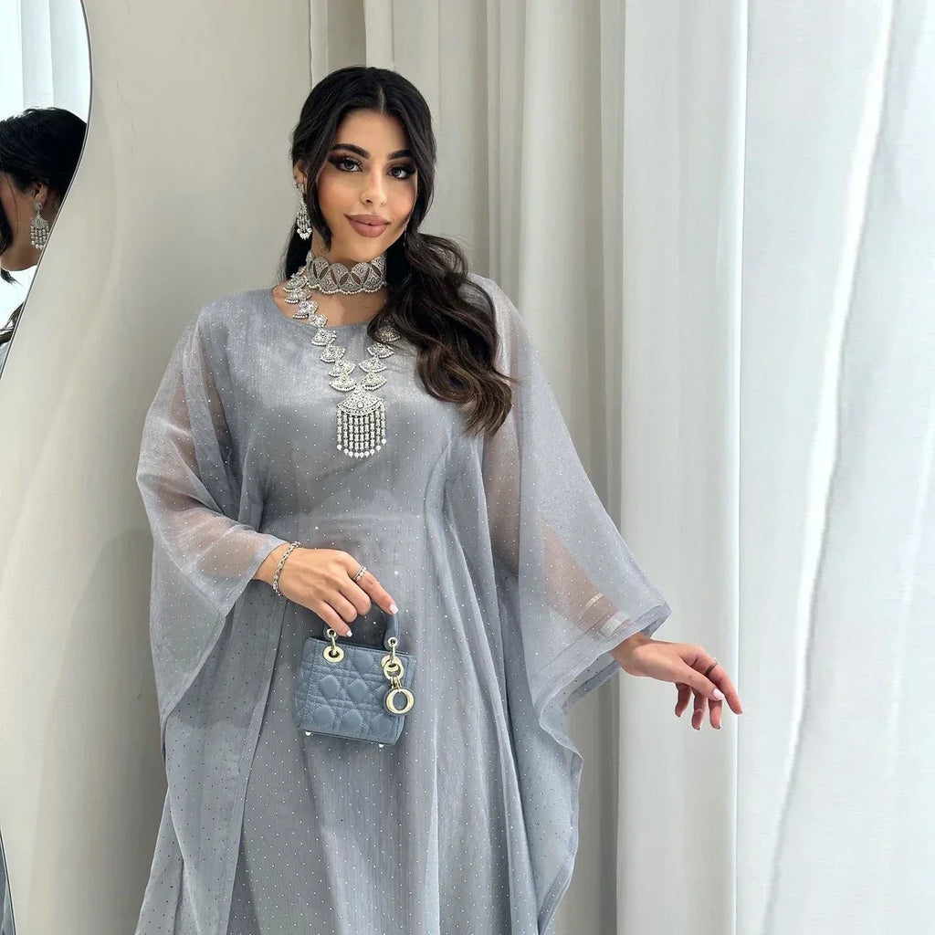 LM096 Ensemble Abaya Papillon Strass Aïd avec Fond de Robe | Kaftan Manches Chauve-Souris Ramadan & Iftar
