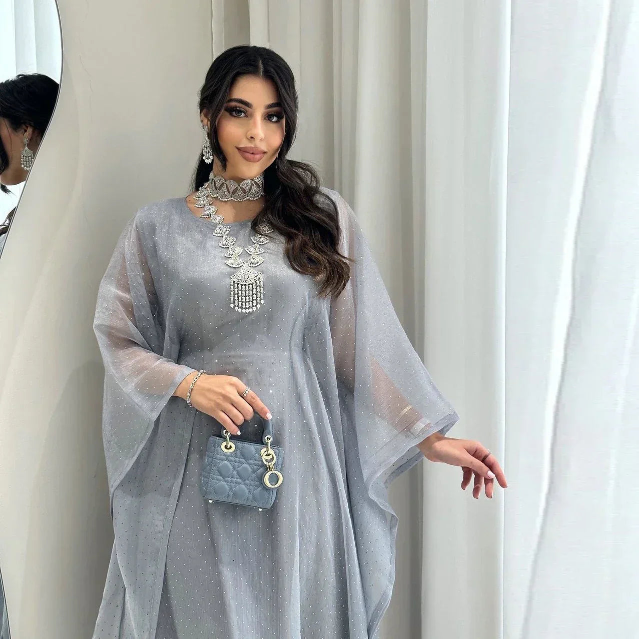 LM096 Ensemble Abaya Papillon Strass Aïd avec Fond de Robe | Kaftan Manches Chauve-Souris Ramadan & Iftar
