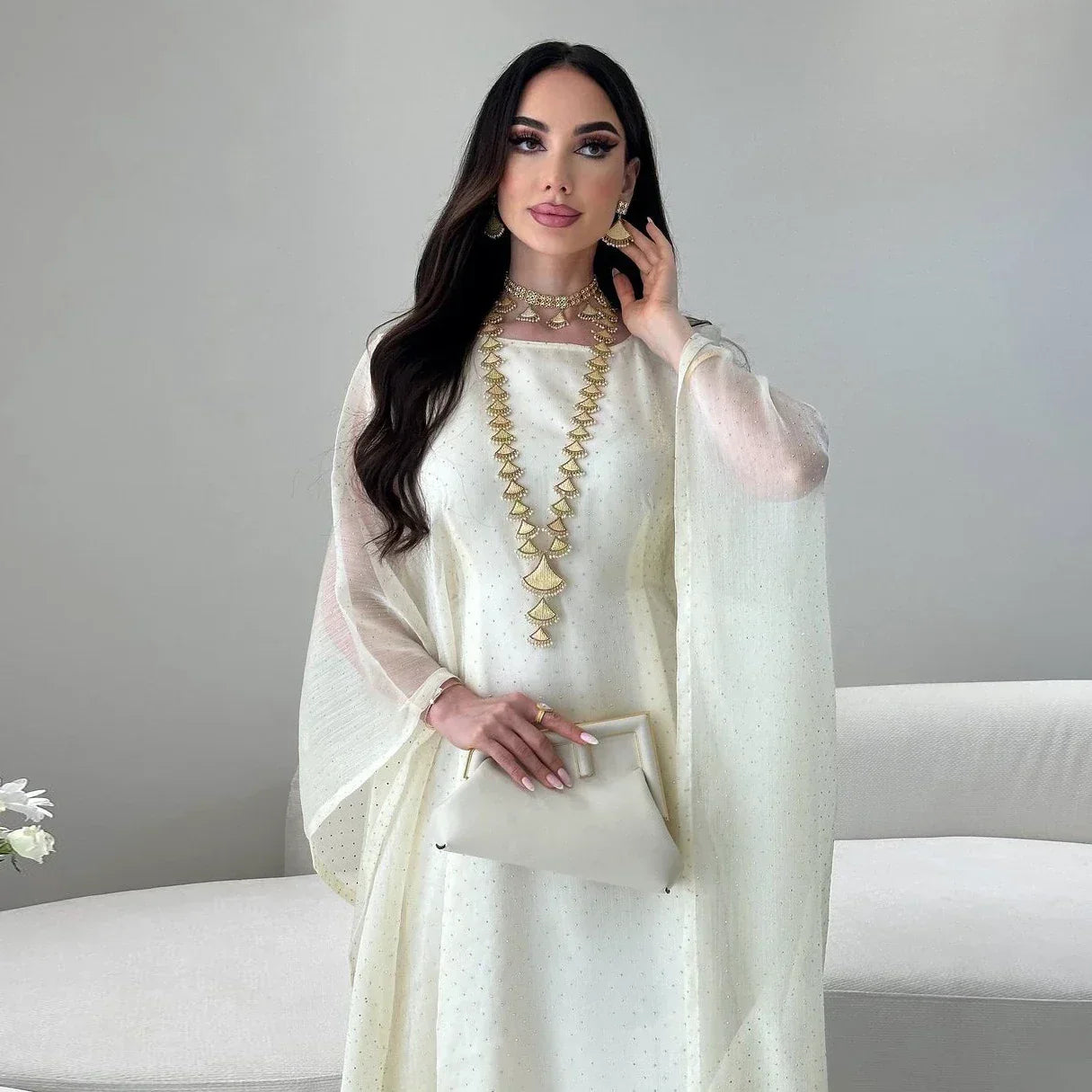 LM096 Ensemble Abaya Papillon Strass Aïd avec Fond de Robe | Kaftan Manches Chauve-Souris Ramadan & Iftar