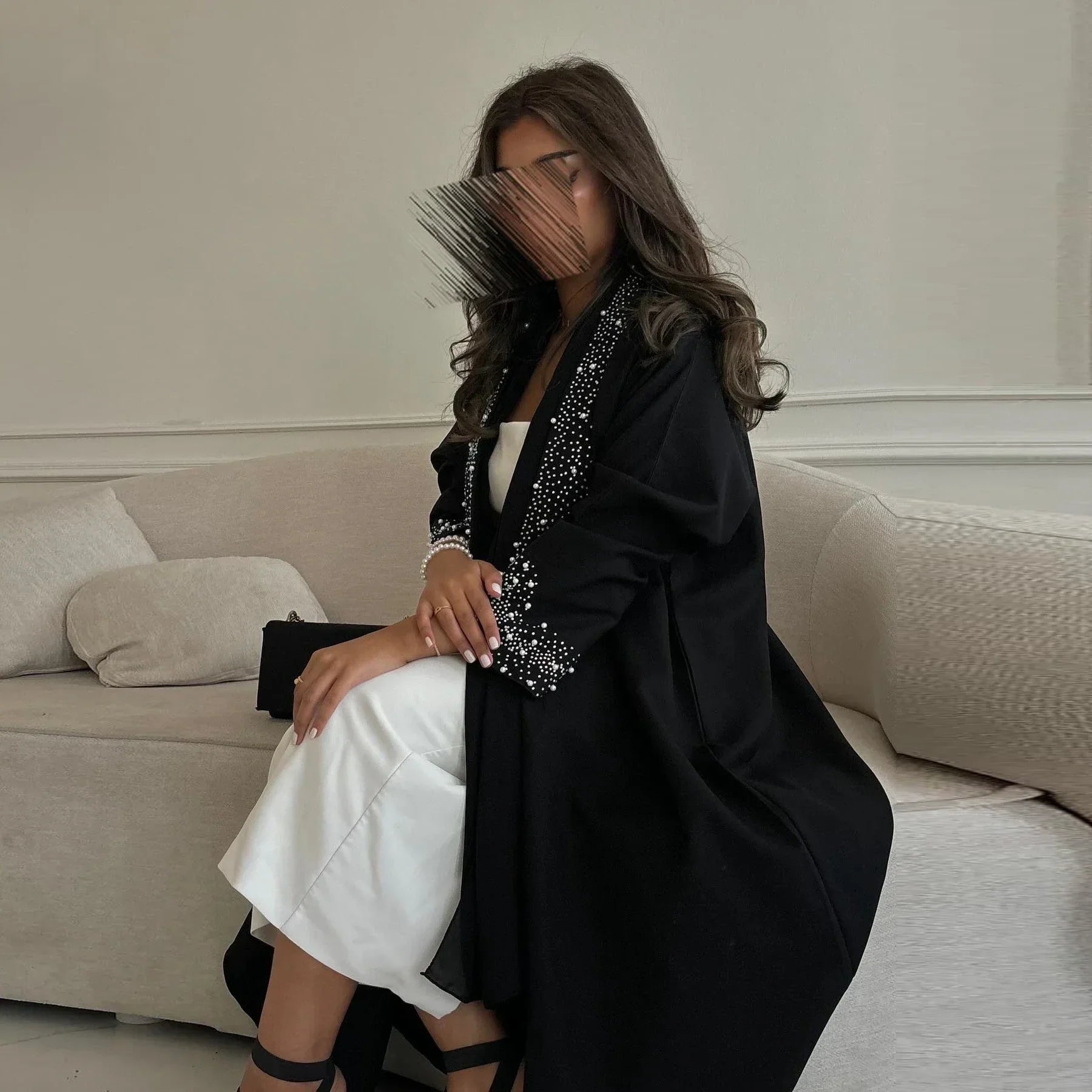 LM097 Cardigan Abaya Khaleeji Perlé – Kaftan Ouvert Modeste Aïd & Iftar