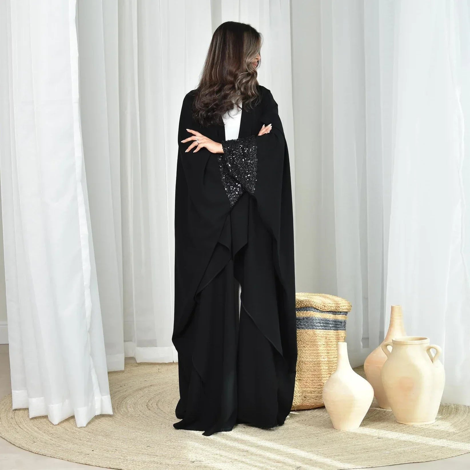 LM098 Cardigan Abaya Khaleeji Scintillant avec Sequins | Robe Modeste Aïd