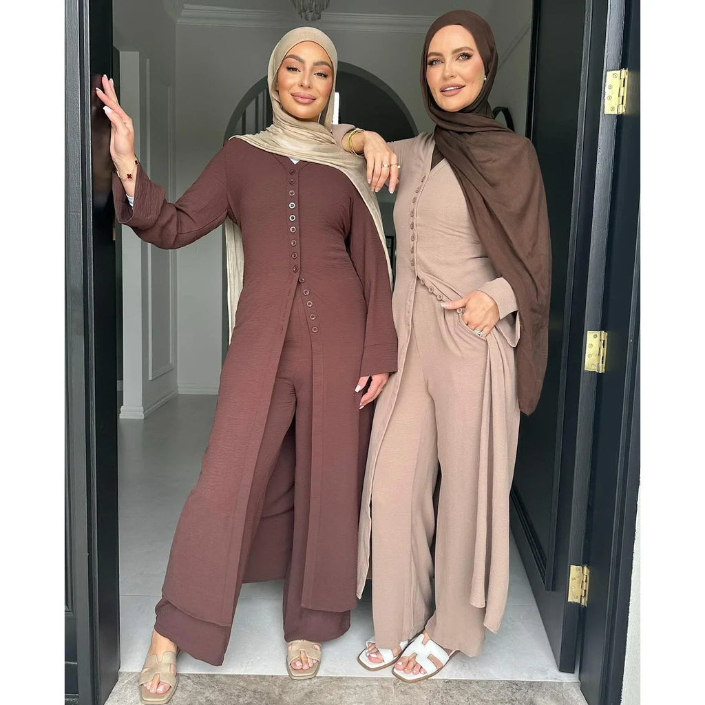 LM099 Ensemble Coordonné Sans Repassage – Abaya Crêpe & Pantalon Jazz | Style Modeste Aïd