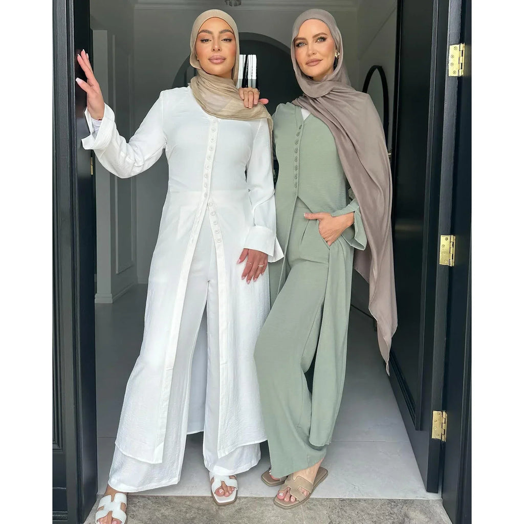 LM099 Ensemble Coordonné Sans Repassage – Abaya Crêpe & Pantalon Jazz | Style Modeste Aïd