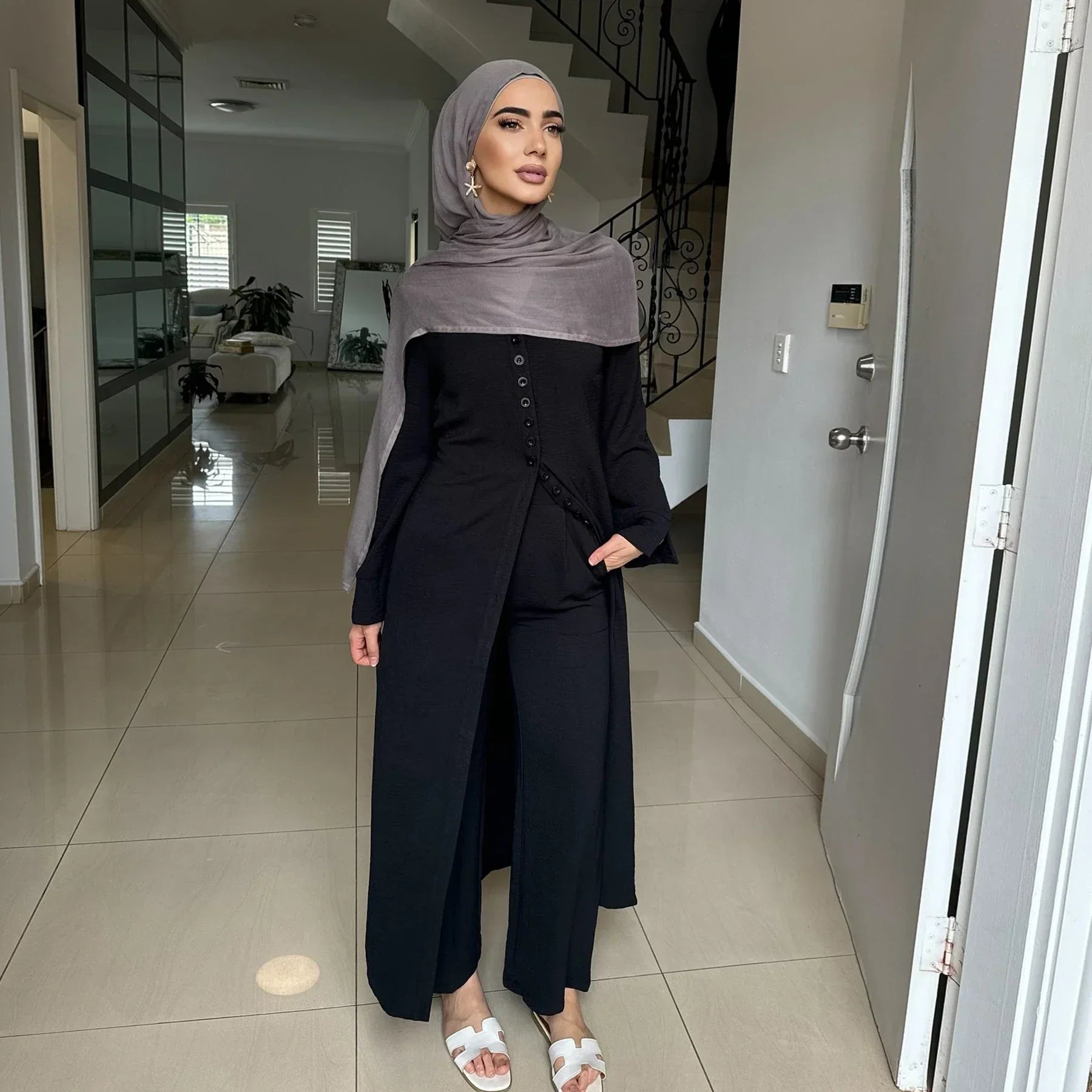LM099 Ensemble Coordonné Sans Repassage – Abaya Crêpe & Pantalon Jazz | Style Modeste Aïd