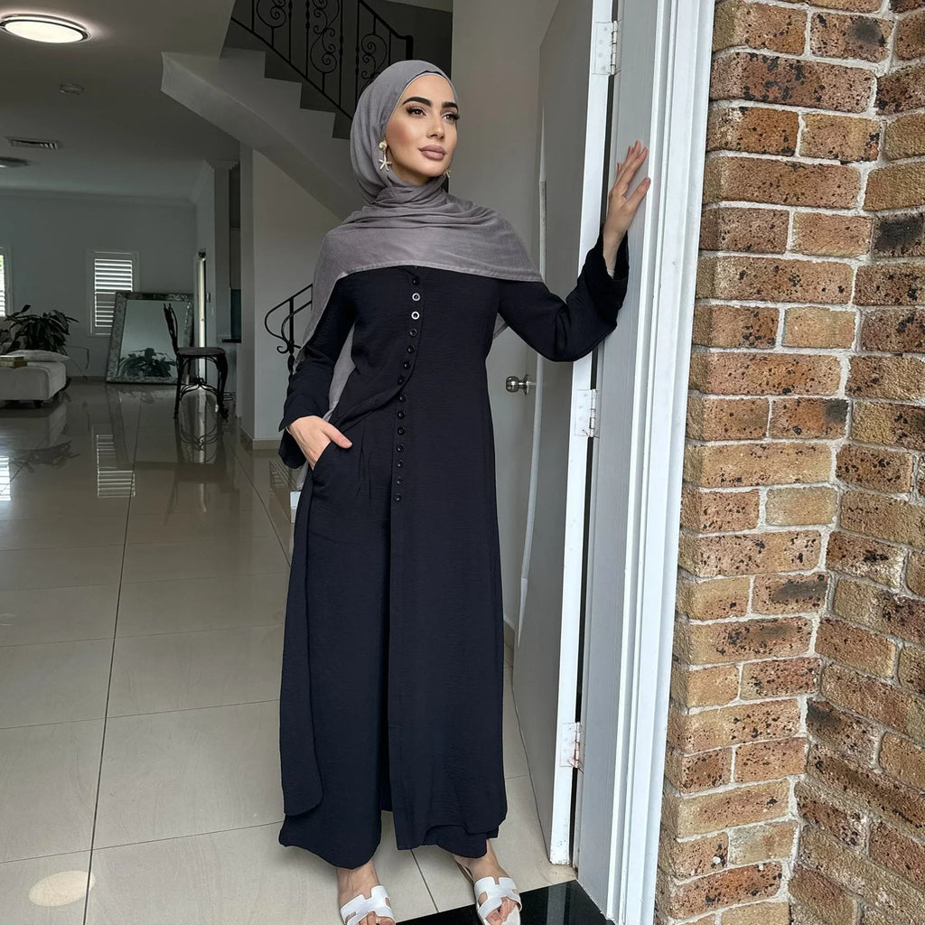 LM099 Ensemble Coordonné Sans Repassage – Abaya Crêpe & Pantalon Jazz | Style Modeste Aïd