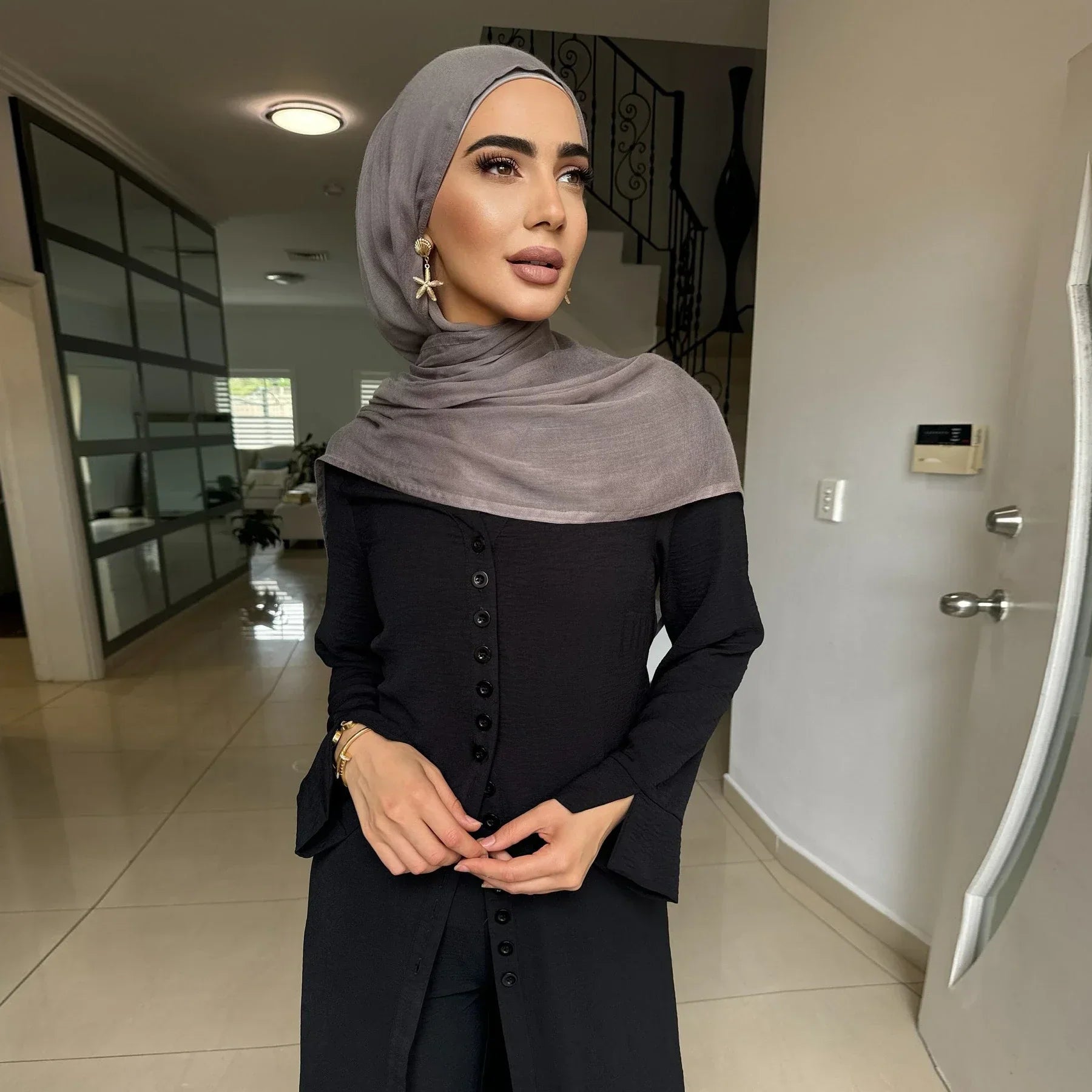 LM099 Ensemble Coordonné Sans Repassage – Abaya Crêpe & Pantalon Jazz | Style Modeste Aïd