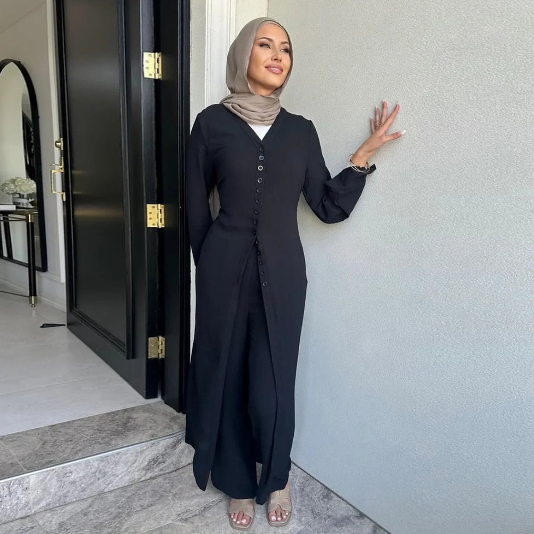 LM099 Ensemble Coordonné Sans Repassage – Abaya Crêpe & Pantalon Jazz | Style Modeste Aïd