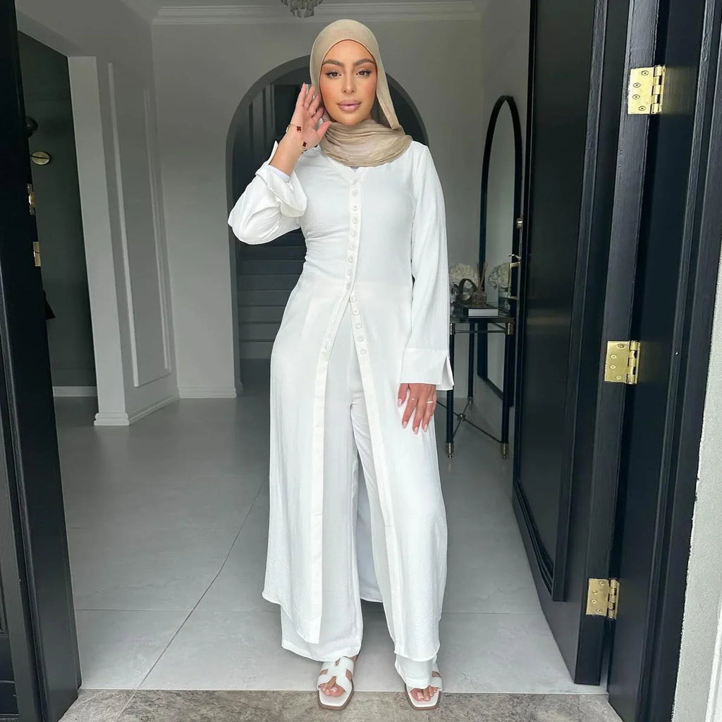 LM099 Ensemble Coordonné Sans Repassage – Abaya Crêpe & Pantalon Jazz | Style Modeste Aïd