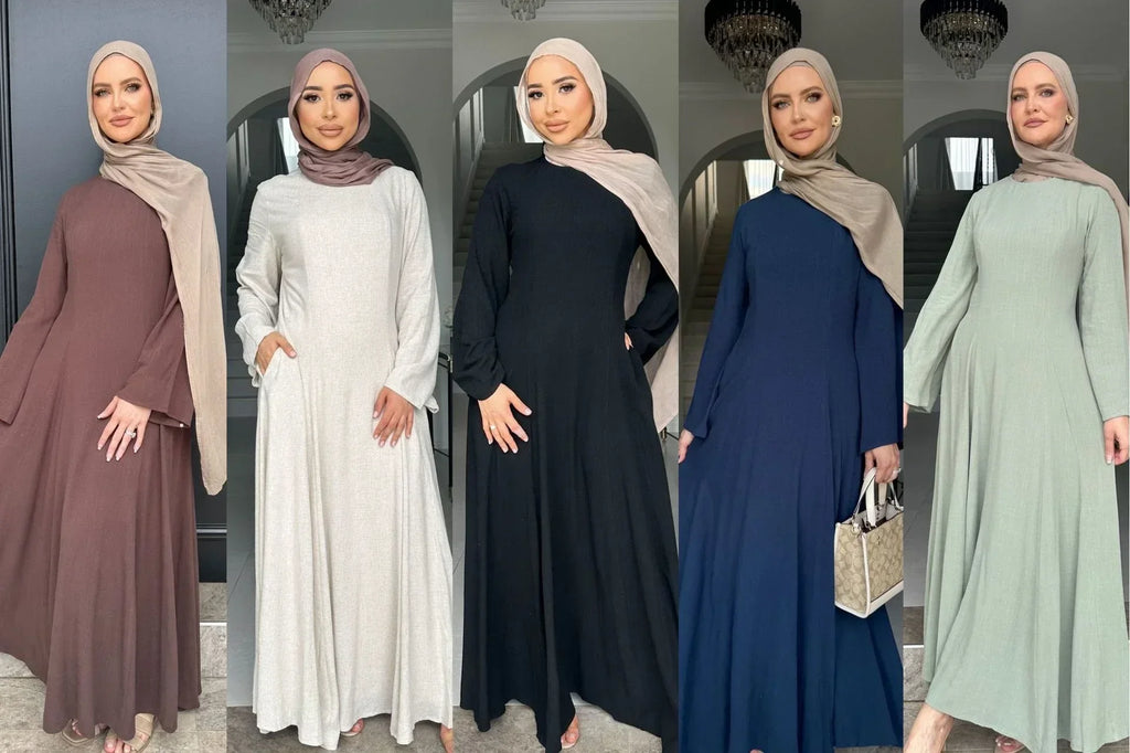 LM100 Abaya Coton Lin Nouée dans le Dos Élégante – Coupe Slim, Prenez une Taille au-dessus | Robe Modeste Aïd