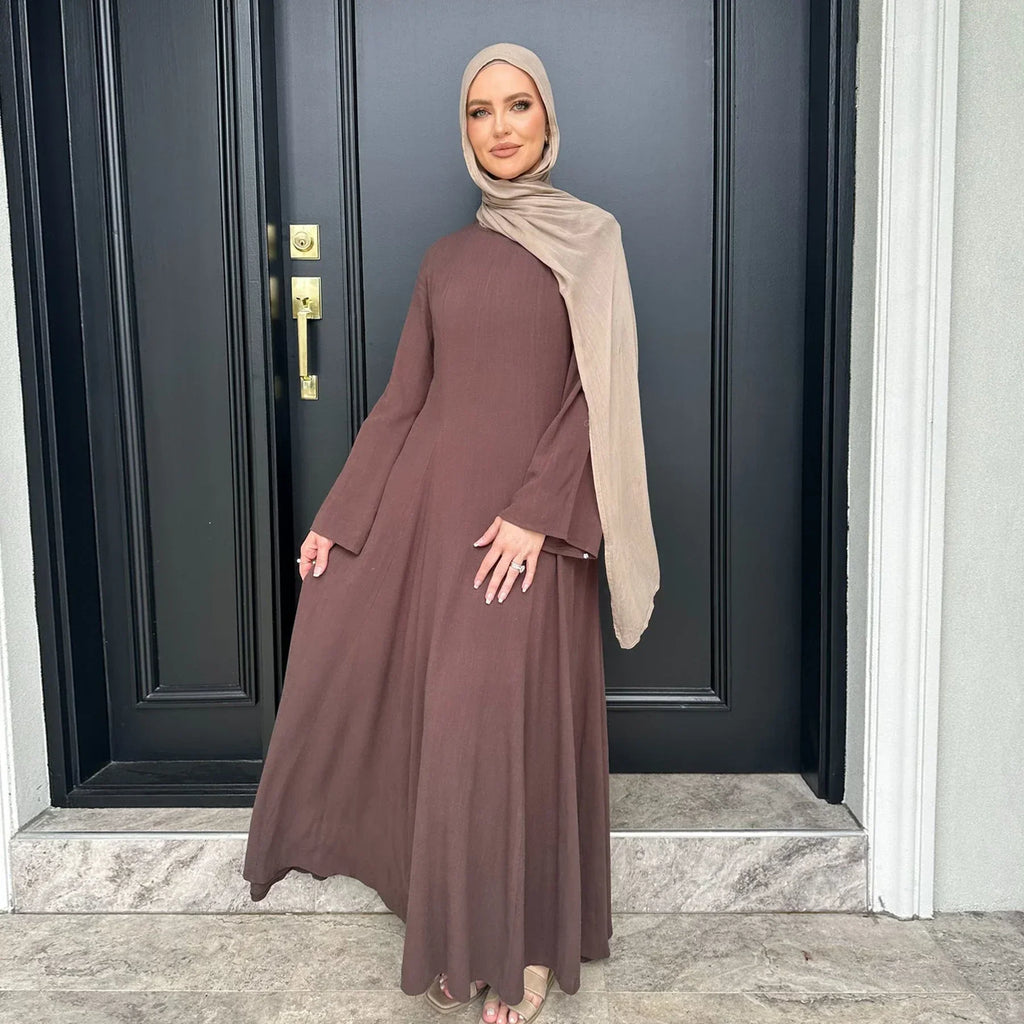 LM100 Abaya Coton Lin Nouée dans le Dos Élégante – Coupe Slim, Prenez une Taille au-dessus | Robe Modeste Aïd